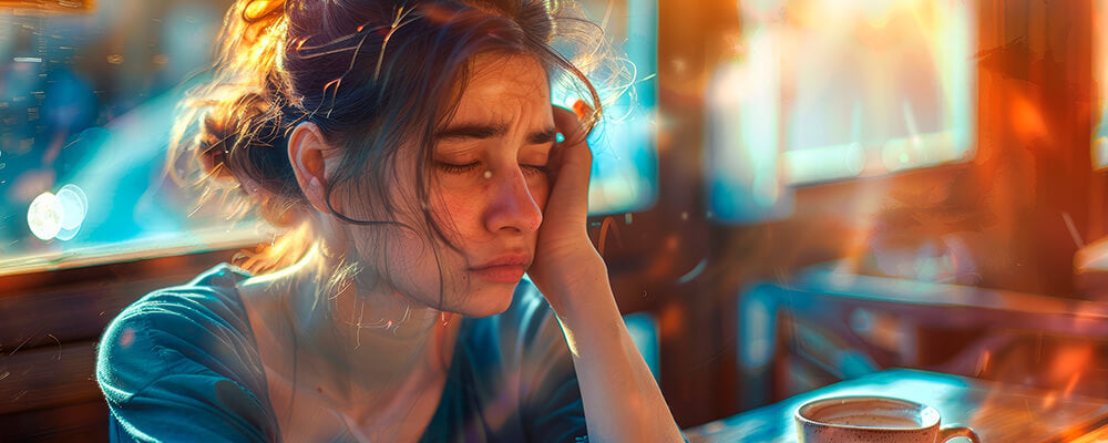 Mujer agobiada con la mano en la mejilla