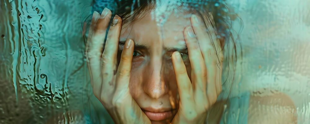 Rostro de mujer cubierto con las manos tras una ventana