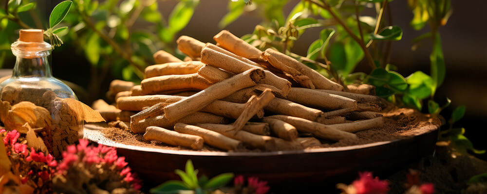 palitos de ashguagandha en un plato con jardín